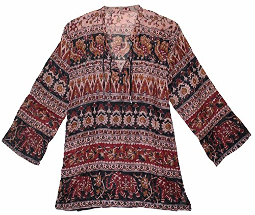 Indian Ethnic Cotton Top Blouse for Women Boho Shirt Tunic Floral Print Vintage Look