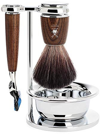 MÜHLE Rytmo Rasierset - Schale, Black Fibre-Rasierpinsel, Rasierer kompatibel mit Gillette-Klingen, Ständer, Esche-Griffe