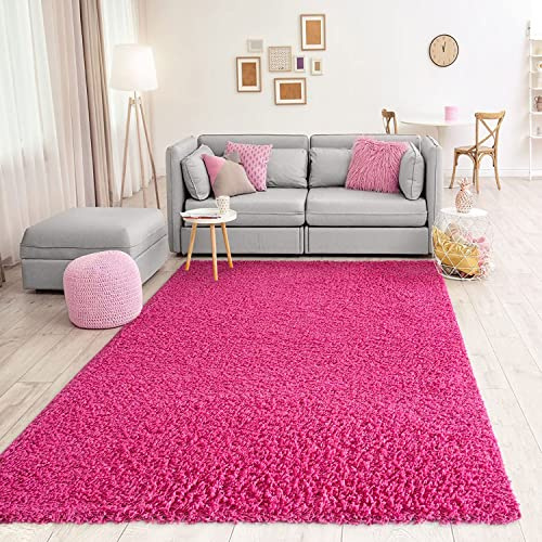 VIMODA Primo Shaggy Tappeto Fucsia Pelo Lungo Tappeti Moderni per Soggiorno Camera Letto Rosa, Ø 200 cm Rotondo