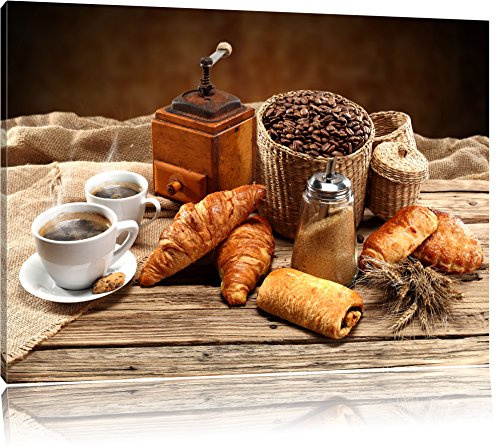 Pixxprint Aromatischer Kaffee mit Croissant, Größe: 60x40cm, Leinwandbild, fertig gespannt, Wandbild, Dekoration, Kunstdruck, kein Poster