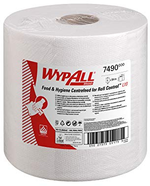 Essuyeurs en papier WypAll L10 Hygiène & Surfaces Alimentaires 7490 - Rouleau à dévidage central pour les distributeurs Roll Control et ReachPlus - 6 rouleaux de 630 essuyeurs en papier blancs