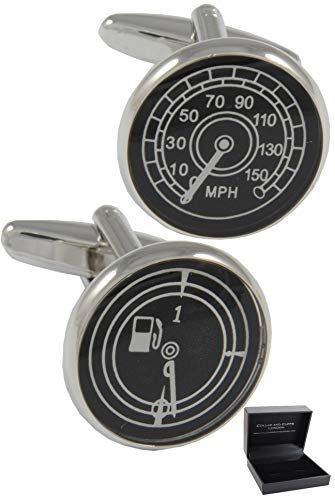 COLLAR AND CUFFS LONDON Gemelli Camicia Uomo Auto - con Scatola - Sportivo - Tachimetro e Benzina - Ottone - Perfetto per Gli Appassionati di Auto - Colori Nero Bianco e Argento - Un Paio
