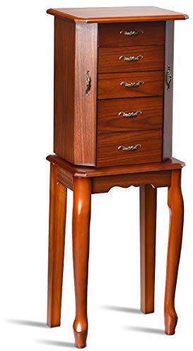 Giantex Standing Jewelry Cabinet Armoire with Top Flip Mirror, Jewelry Storage Organizer with 2 Side Doors for Necklaces, Jewelry Armoire Box Chest for Women Girls, Walnut
