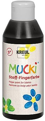 KREUL 28406 - Mucki leuchtkräftige Stoff - Fingerfarbe, 250 ml in schwarz, auf Wasserbasis, parabenfrei, glutenfrei, laktosefrei und vegan, optimal für die Anwendung mit Fingern und Händen