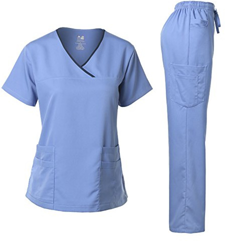 Dagacci Medical Uniform® Scrubs for Women Set – Natural Stretch Contrast Binding Top and Pants Sets for Women – 9 Pockets (X-Small, Ceil Blue)