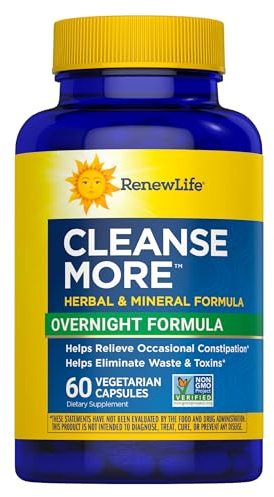 Renew Life Cleanse More Herbal Formula with Magnesium for Overnight Occasional Constipation Relief; Helps Promote Waste and Toxin Elimination; Gluten, Dairy and Soy Free; 60 Vegetarian Capsules*