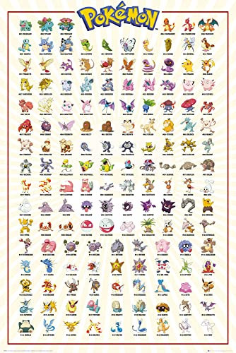 GB Eye – Poster POKÉMON Kanto 151 (engelsk version) – Officiell produkt – Format 91,5 x 61 cm – Högkvalitativt laminerat papper – Affisch första generationen