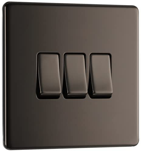 BG Electrical Triple Wall Light Switch, 2 Way, Screwless Front Plate, Slim Profile, Premium Flatplate, Black Nickel, 20A, 16AX, FBN43