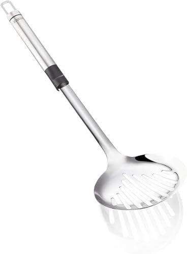 Leifheit Schaumlöffel 38 cm ProLine-Serie, Abseihlöffel aus rostfreiem Edelstahl, hochwertiges Design, Sieblöffel mit ovalem Griff, Schaumkelle mit praktischer Aufhängeöse, Schöpfkelle, silber