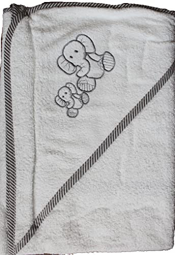 KH-Haushaltshandel Baby Kapuzen Badetuch 100 x 100 cm, Bestickt, Frottier, 100% Baumwolle, ÖKOTEX (Elefant-Weiss)