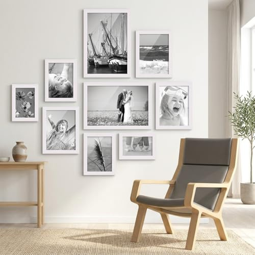 PHOTOLINI Bilderrahmen-Set Holz Weiß Landhaus-Stil, 9er Set Holz-Rahmen, Made in Germany, Echtglas, zum Aufhängen, mit Zubehör - perfekt für Familienfotos & Urlaubsbilder