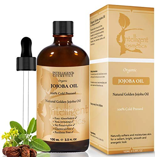 Jojoba Oil Certified Organic - 100% Cold Pressed - Vegan, Extra Virgin, Pure, Unrefined - Face Skin Body Hair Oil for Sensitive & Acne Prone Skin - Glass Bottle with Pipette