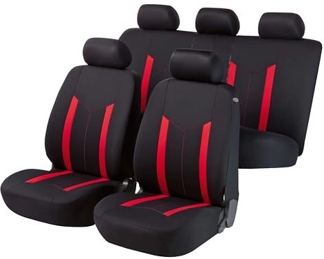 Walser Auto-Sitzbezug Komplettset Hastings, Schonbezüge-Auto, Komplettset, 2 Vordersitzbezüge, 1 Rücksitzbezug, Universal PKW-Sitzbezüge schwarz/rot