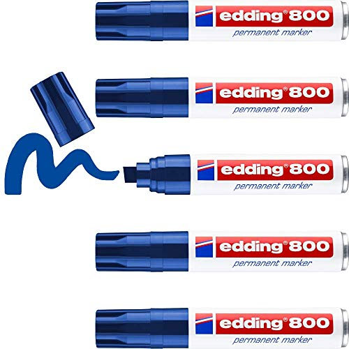 edding 800 Permanentmarker - blau - 5 Stifte - Keil-Spitze 4-12 mm - für breite Markierungen - wasserfest, schnell-trocknend, wischfest - für Karton, Kunststoff, Holz, Metall, Glas