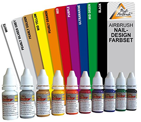 AMUR 10er Set Airbrush Farben für Airbrush NAILDESIGN - Airbrushfarbe für die Nägel, bedingt auch geeignet für Airbrush Tattoo, Airbrush im Modellbau - Airbrush Farben WASSERVERDÜNNBAR