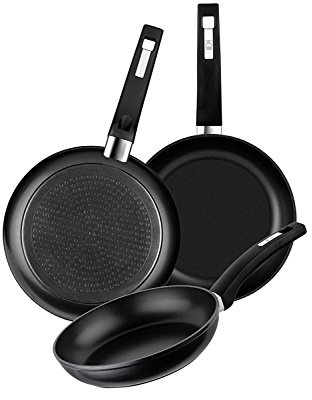 BRA Design Set de 3 sartenes de aluminio forjado con antiadherente, 18|22|26 cm, aptas para todo tipo de cocinas incluida inducción y vitrocerámica, Color Negro