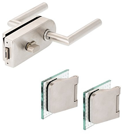 Glastürbeschlag D Set WC PZ Edelstahl matt + Bänder, Glastürschloss, Glastürbeschläge + 3tlg. Vollstahlbänder (einwärts öffnend)