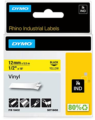 DYMO Rhino-Industrie-Vinyletiketten | 12 mm x 5,5 m | schwarz auf gelb | selbstklebend | für DYMO Rhino und LabelManager Beschriftungsgerät