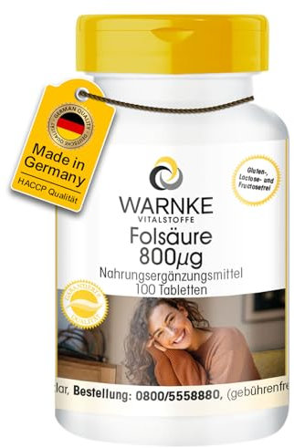 Ácido fólico 800µg – 100% vegano – Vitamina B9 – 100 comprimidos | Warnke Vitalstoffe - Calidad de farmacia alemana
