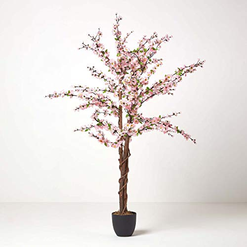 Homescapes – 5 Füße Blossom Baum – pink – Stamm aus Echtholz und lebensecht Blätter Replica Kunstpflanze