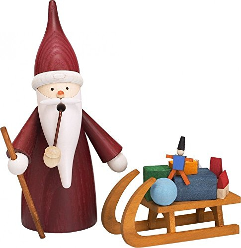 Seiffener Volkskunst | Räuchermännchen Erzgebirge Wichtel | 16 cm | erzgebirgische Holzkunst Weihnachten | 12316 | Weihnachtswichtel mit Schlitten