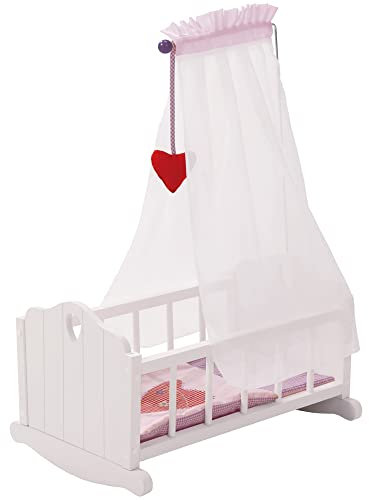 roba Puppenwiege aus Puppenmöbel Serie „Fienchen“, Puppenbett zum Wiegen inkl. textiler Ausstattung, Bettwäsche und Himmel, Puppenzubehör, weiß lackiert