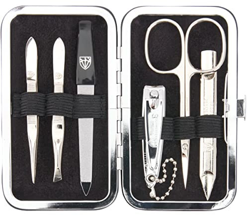 DREI SCHWERTER - 6-tlg. Maniküre Set 'Lucca' | Nagelset im ECHT LEDER - Etui | Inhalt: Hautschere, 2 Pinzetten, Doppelinstrument, Nagelknipser, Saphirnagelfeile - rot