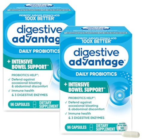 Digestive Advantage IBS Probiotics for Digestive Health & Intensive Bowel Support for Women & Men with Digestive Enzymes, Occasional Bloating & Gut Health, 96 Count Capsules (Pack of 2)