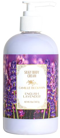 Camille Beckman English Lavender Scented Silky Body Cream, Daily Moisturizer for All Skin Types | Non-Greasy Vegan Formula to Nourish and Soften Hands and Body, 13 Ounce