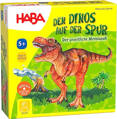 HABA Den Dinos auf der Spur - Spannendes Dino Gesellschaftsspiel für die ganze Familie - Urzeit Memo Kinderspiel mit Holzfiguren - Tolles Mitbringspiel für 2-4 Spieler