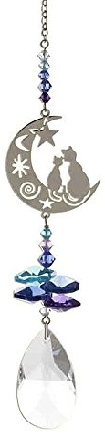 38mm Blue Purple Two Cats in the Moon Hanging Suncatcher Rainbow Maker with Swarovski Crystal