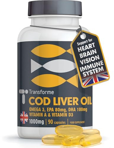 Cod Liver Oil Capsules High Strength 1000mg 90 Omega 3 Softgels, EPA DHA Vitamin A, Vitamin D3, 3 Month Supply, Heart, Brain, Eye Health and Immune System Support, Gluten Free, UK Made, by Transforme