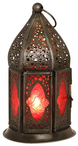 GURU SHOP Orientalische Metall/Glas Laterne in Marrokanischem Design, Windlicht, rot