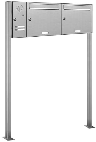 AL Briefkastensysteme 2er Edelstahl Standbriefkasten mit Klingel rostfrei als 2 Fach Briefkastenanlage in Postkasten Doppel-Briefkasten Design modern
