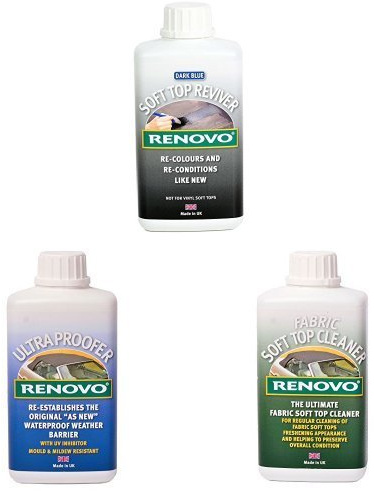 Renovo Bundle includes Soft Top Reviver 500 ml, Soft Top Ultra Proofer 500 ml and Soft Top Canvas Cleaner 500, Blue