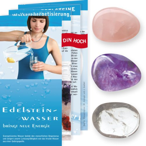 Wassersteine Set Grundmischung - Amethyst, Bergkristall, Rosenquarz Trommelsteine + Edelsteinwasser Broschüre + 3 Edelsteinkarten