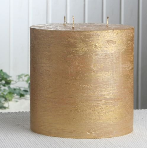 CandleCorner Rustik-Kerzen Dreidochtkerze, 15 x 15 cm Ø, Gold-metallic, Unparfümiert
