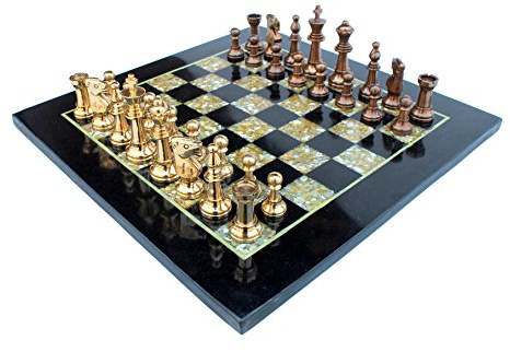 StonKraft Schachbrett-Set aus schwarzem Marmor und (Mopp) Perlmutt + Messing-Schachfiguren – dekorativer Stein Schach – Heimdekoration – 38,1 cm