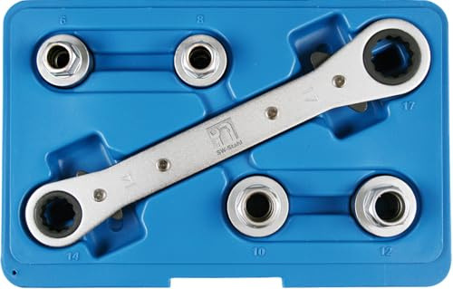 SW-Stahl 04169L Stehbolzen-Ausdrehsatz 5-teilig, M6-M12 mit Ratsche | Profi Stehbolzen-Ausdreher Set inkl. Doppelring-Ratschenschlüssel 14x17 mm in robuster Kunststoffkassette für Mechaniker