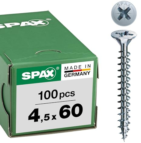 SPAX Universalschraube, 4,5 x 60 mm, 100 Stück, Kreuzschlitz Z2, Senkkopf, Vollgewinde, 4CUT, WIROX A3J, blank verzinkt, 1081010450603