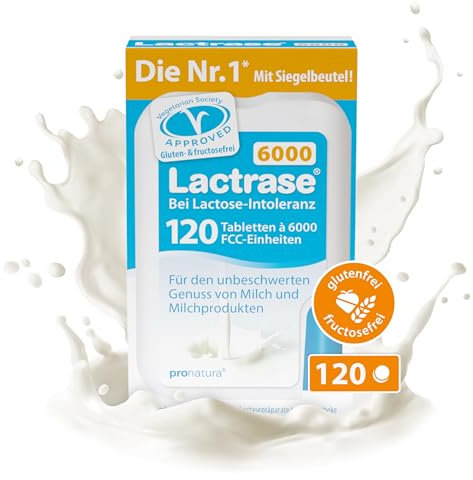 pro natura Lactrase 6000 – 120 Lactase Tabletten bei Lactose-Intoleranz, für den unbeschwerten Genuss von Milch und Milchprodukten