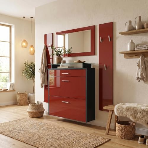 Vladon Garderobe Malea, Garderobenset bestehend aus 1 Hängeschuhschrank, 1 Wandspiegel und 2 Garderobenpaneele, Schwarz matt/Bordeaux Hochglanz