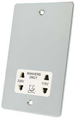 Alliance Electrical FPCSHAWH Polished Chrome Flat White Insert 2-Gang Dual Voltage 115V/230V Shaver Socket, 240 V