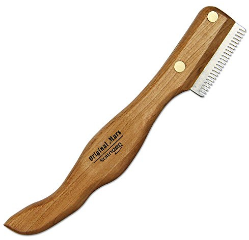 Schecker Ergonomisches Unterwoll Deckhaar Trimm Messer aus gehärtetem und geschliffenem Edelstahl mit ergonomisch geformtem Griff aus heimischem Kirschbaum Mittlere Zahnung