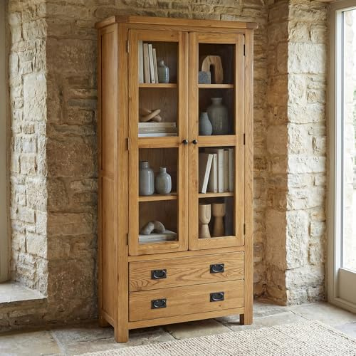 The Furniture Market Rustic Oak Glazed 2 Door 2 Drawer Tall Display Cabinet | Solid Display Unit with Adjustable Shelves | Chunky Design with Satin Finish | Perfect for Living & Dining Rooms