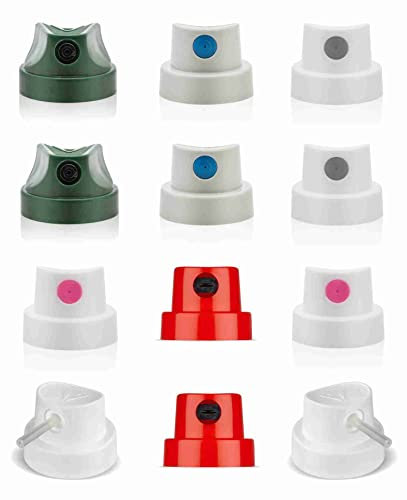 KLAMOTTEN STORE Sprühkopf Aufsatz für Spraydose Farbspray 12 Ersatzcaps Designer Skinny bis Fatcap, für saubere Linien schnelles Füllen, Spritzeffekte, Kalligrafie