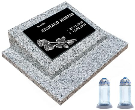 Urnengrabstein Nr. 3, Grabstein Grabmal, Grabplatte inkl. Inschrift und Motiv mit Sockel und Zwei Kerze