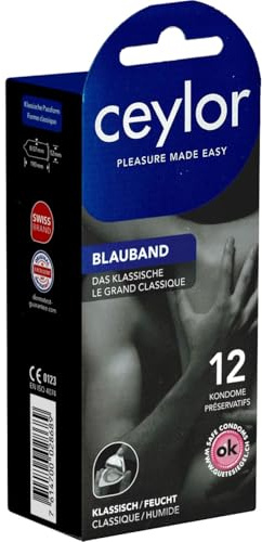 Ceylor Blauband 12 Kondome mit Gleitcreme, verpackt im hygienischen Dösli, einfach zu öffnen, schnelleres Überziehen, Premium-Qualität aus der Schweiz