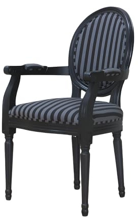 ebuy24 Amaretta, Rokoko Esszimmerstuhl, Massivholz, schwarz lackiert, antik patiniert, gepolstert, Bezug Baumwolle/Leinen gestreift, mit Armlehne, B 54 x H 93 x T 47 cm, Gewicht 9,8 kg