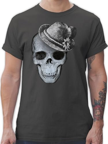 T-Shirt Herren - Kompatibel Oktoberfest - Totenkopf mit Filzhut - L - Dunkelgrau - trachtenshirt bayrische Trachtenmode t Shirt Octoberfest Skull Tshirt oktoberfestkleidung Oktoberfest-t-Shirt